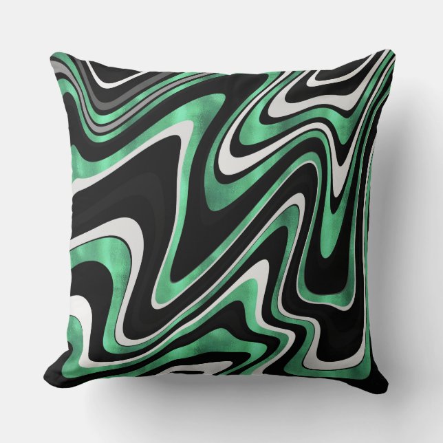 Green Grey Abstract Swirl Retro Black Pattern Throw Pillow (Front)