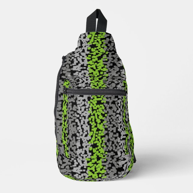 Green, grey and black digital pixelated stripes sling bag (Front)