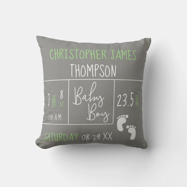 Green Grey Baby Boy photo Birth stat Announcement Throw Pillow (Front)