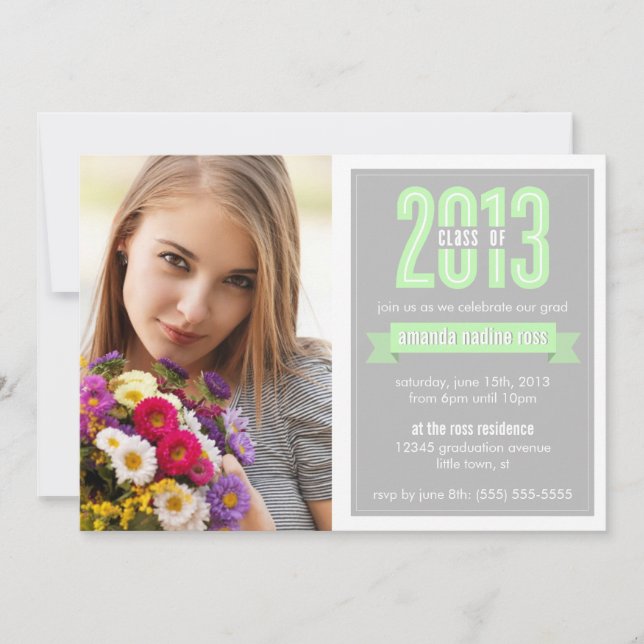 Green Grey Banner Class of 2013 Photo Graduation Invitation (Front)