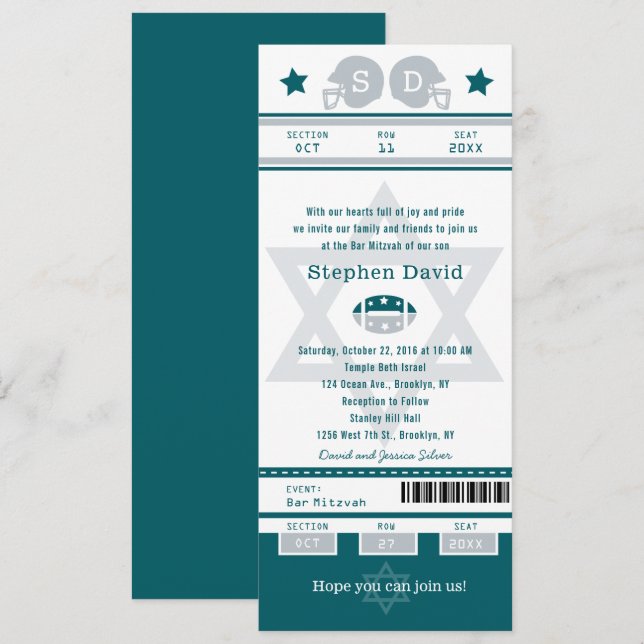 Green Grey Bar Mitzvah Football Billet Invitation (Devant / Derrière)