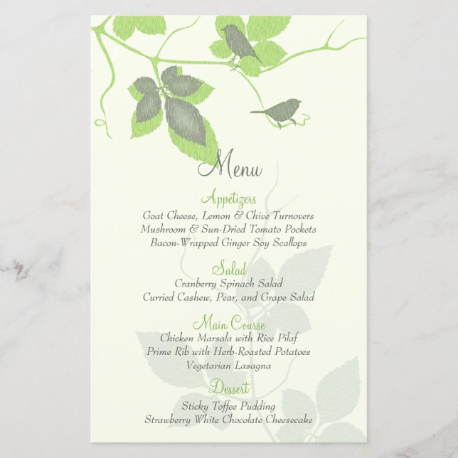 Green Grey Birds and Leaves Wedding Menu Card (Front)