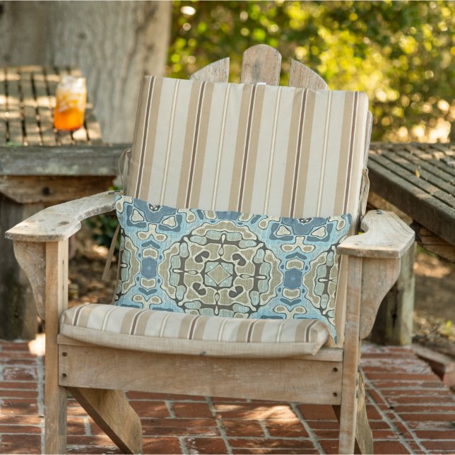Green Grey Blue Teal Ochre Taupe Brown Tribal Art Lumbar Pillow (Chair)