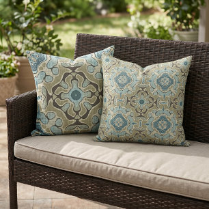 Green Grey Blue Teal Ochre Taupe Brown Tribal Art Outdoor Pillow