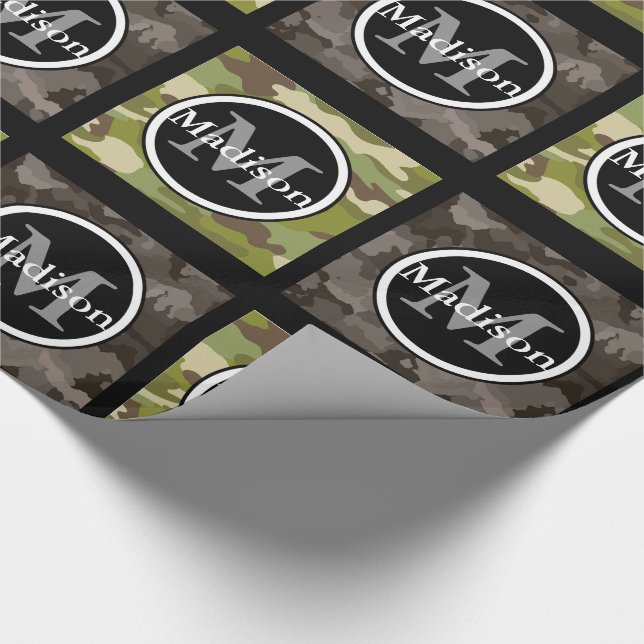 Green & Grey Camouflage w/Name & Monogram Wrapping Paper (Corner)