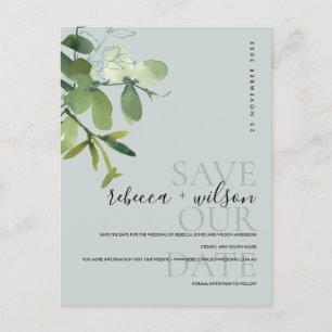 GREEN GREY EUCALYPTUS WATERCOLOR SAVE THE DATE ANNOUNCEMENT POSTCARD