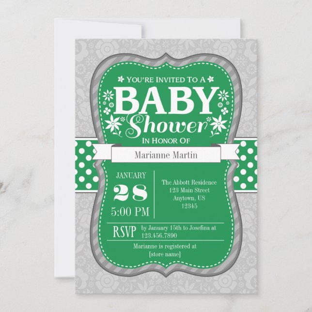 Green Grey Floral Flower Baby Shower Invitation (Front)