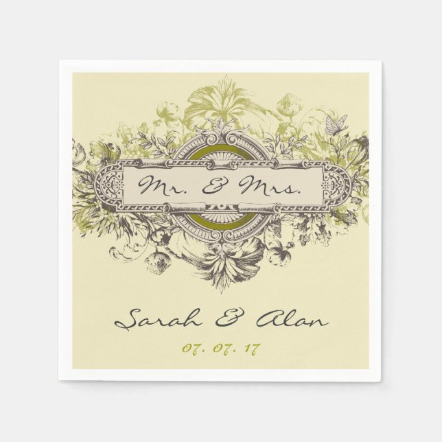 Green Grey Floral Vintage Wedding Paper Napkins (Front)