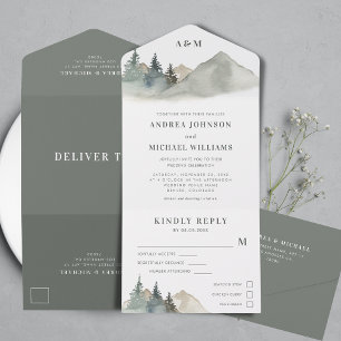 Green & Grey Forest Mountain Rustic Nature Wedding All In One Invitation