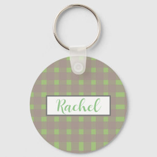 Green Grey Gingham Personalized Keychain