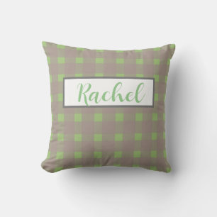 Green Grey Gingham Personalized Throw Pillow