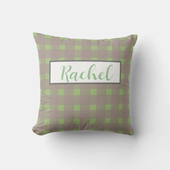 Green Grey Gingham Personalized  Throw Pillow (Front)