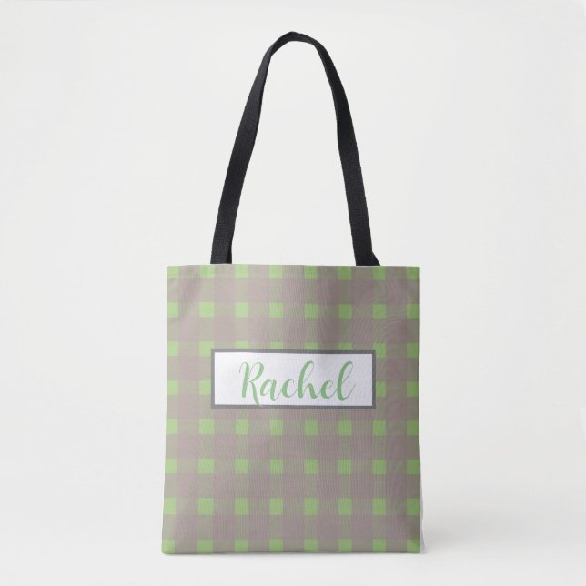 Green Grey Gingham Personalized  Tote Bag (Front)