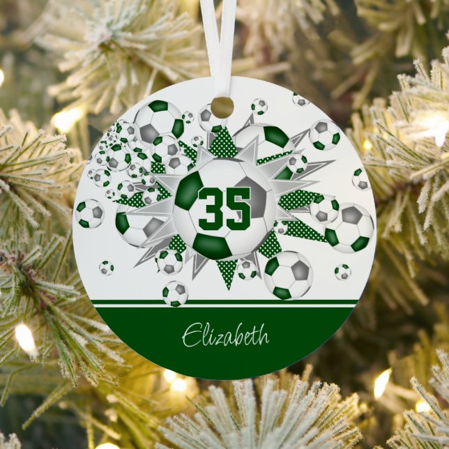 Green grey girls personalized soccer balls stars  metal ornament (Insitu)