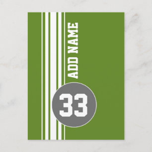 Green Grey Racing Stripes Custom Name Number Postcard