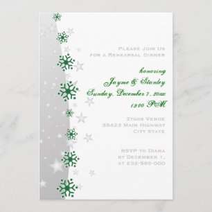 Green, grey snowflake wedding rehearsal dinner invitation