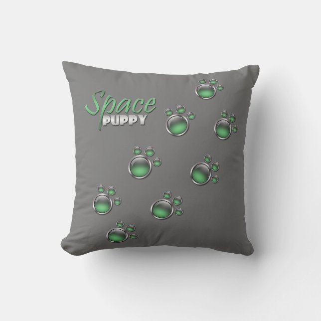 Green & Grey "Space Puppy" Paw Prints Pillow (Front)