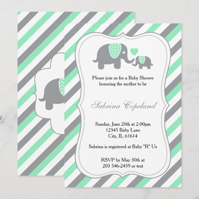 Green & Grey Stripes Baby Elephant | Baby Shower Invitation (Front/Back)