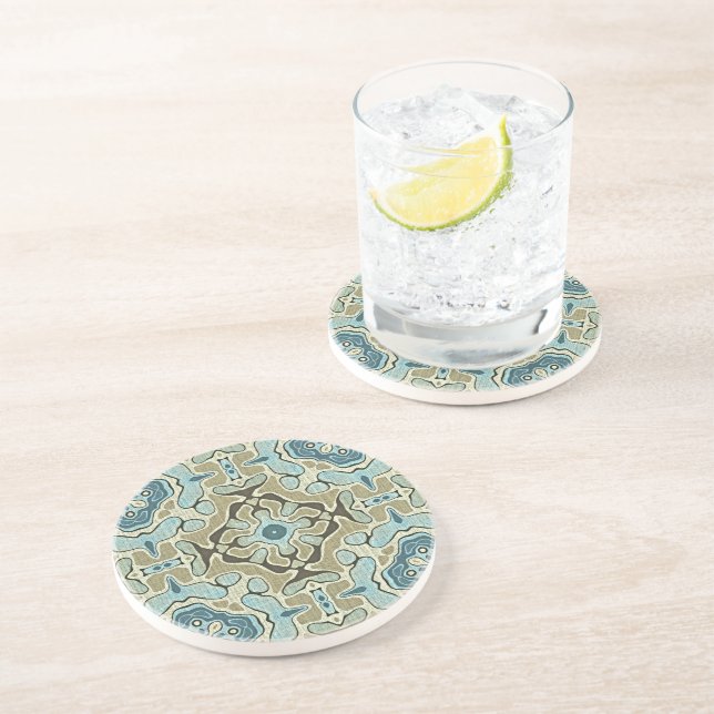 Green Grey Teal Blue Ochre Hip Bohemian Bali Art Coaster (Side)