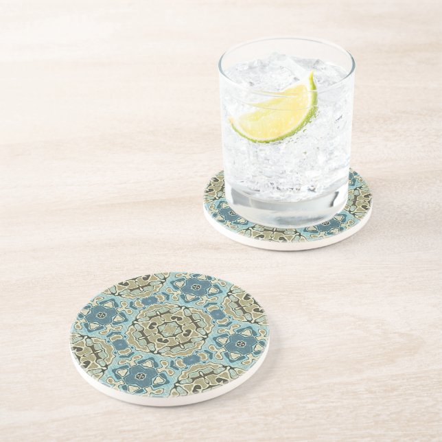 Green Grey Teal Blue Ochre Hip Bohemian Bali Art Coaster (Side)