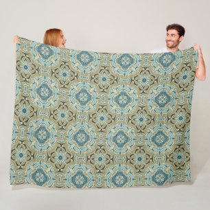 Green Grey Teal Blue Ochre Hip Bohemian Bali Art Fleece Blanket
