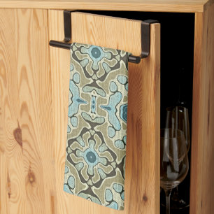 Green Grey Teal Blue Ochre Hip Bohemian Bali Art Kitchen Towel