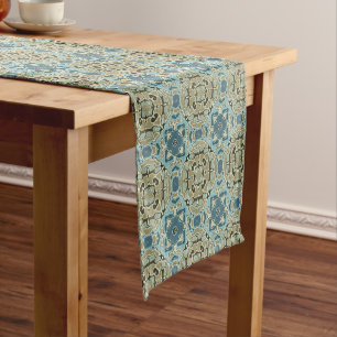 Green Grey Teal Blue Ochre Hip Bohemian Bali Art Short Table Runner