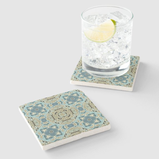 Green Grey Teal Blue Ochre Hip Bohemian Bali Art Stone Coaster (Side)