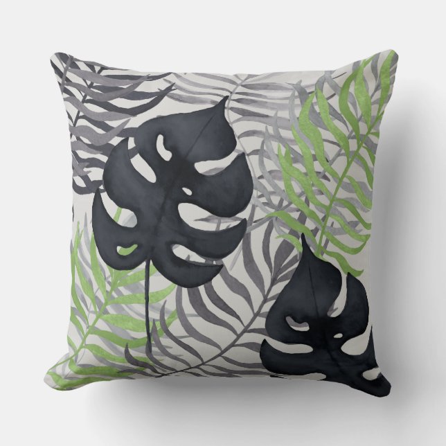 Green & Grey Tropical Leaves Throw Pillow (Front)