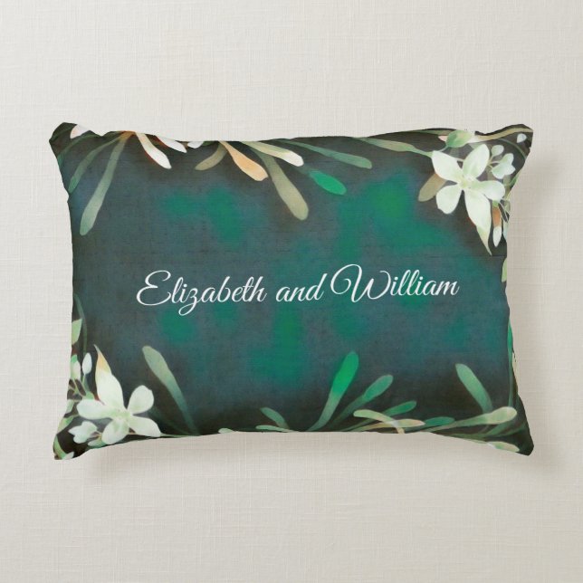 Green grey tropical plants customizable text accent pillow (Front)