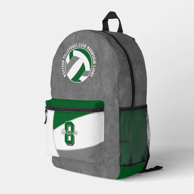 green grey volleyball team colours team name printed backpack (Back Corner Right)