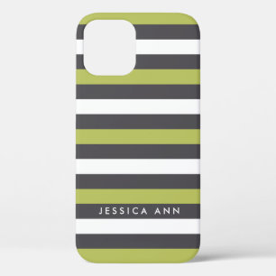 Green Grey White Chic Stripes iPhone 12 Case