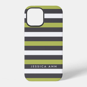 Green Grey White Chic Stripes iPhone 12 Case