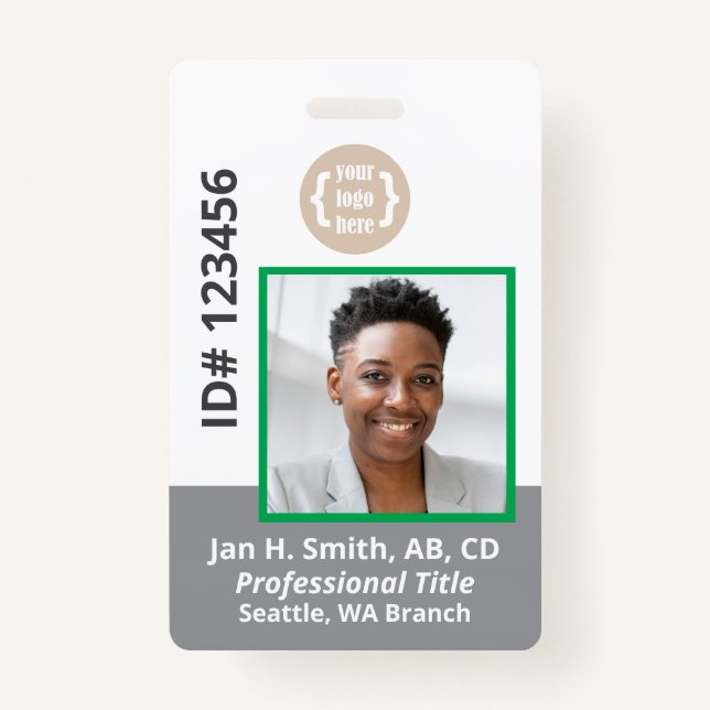 Green Grey White Employee Photo ID Card Badge (Front)