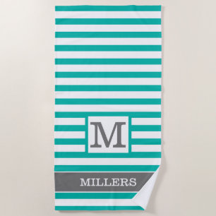 Green Grey White Striped Family Name Monogrammed  Beach Towel