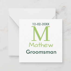 green groomsman name letter date masculine pastel card