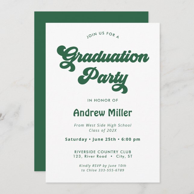 Green Groovy Retro Graduation Party Invitation (Front/Back)