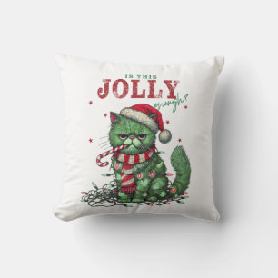 (Green) Grumpy Holiday Cat Throw Pillow
