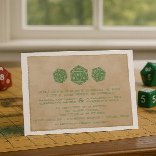 Green Grunge D20 Dice Gamer Wedding Invitation