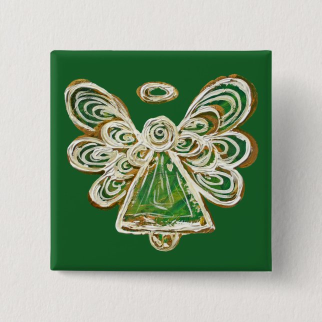 Green Guardian Holiday Angel Custom Pin Buttons (Front)