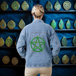 Green Guardian: The Malachite Pentagram Denim Jacket