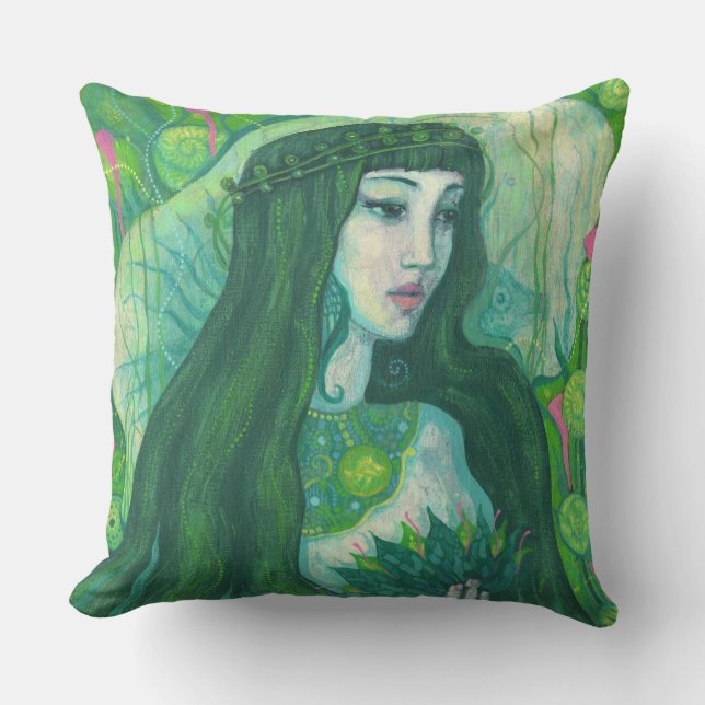 Green Hair Mermaid Underwater Fantasy Surreal Art Throw Pillow (Front)