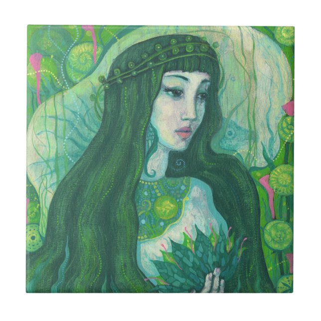 Green Hair Mermaid Underwater Fantasy Surreal Art Tile (Front)