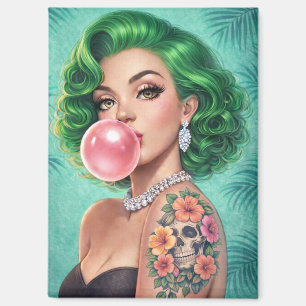 Green-Haired Bubblegum Pin-Up Girl Magnet – Retro