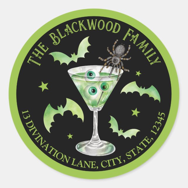 Green Halloween Eyeball Martini Return Address Classic Round Sticker (Front)
