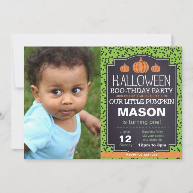 Green Halloween Pumpkin Invite with Photo (Front)