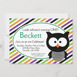 Green Halloween Striped Owl Birthday Party Invite