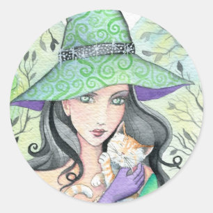 Green Halloween Witch and Orange Tabby Stickers