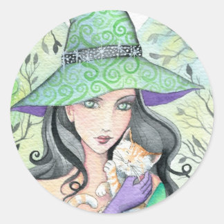 Green Halloween Witch and Orange Tabby Stickers