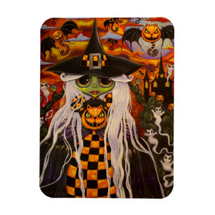 Green Halloween Witch Girl Cat Pumpkins, Ghosts Magnet